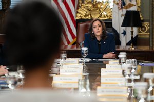 Vice President Kamala Harris meets with families of hostages from the October 7 attack in Israel by Hamas terrorists, Tuesday, April 9, 2024, in the Vice President’s Ceremonial Office in the Eisenhower Executive Office Building at the White House.