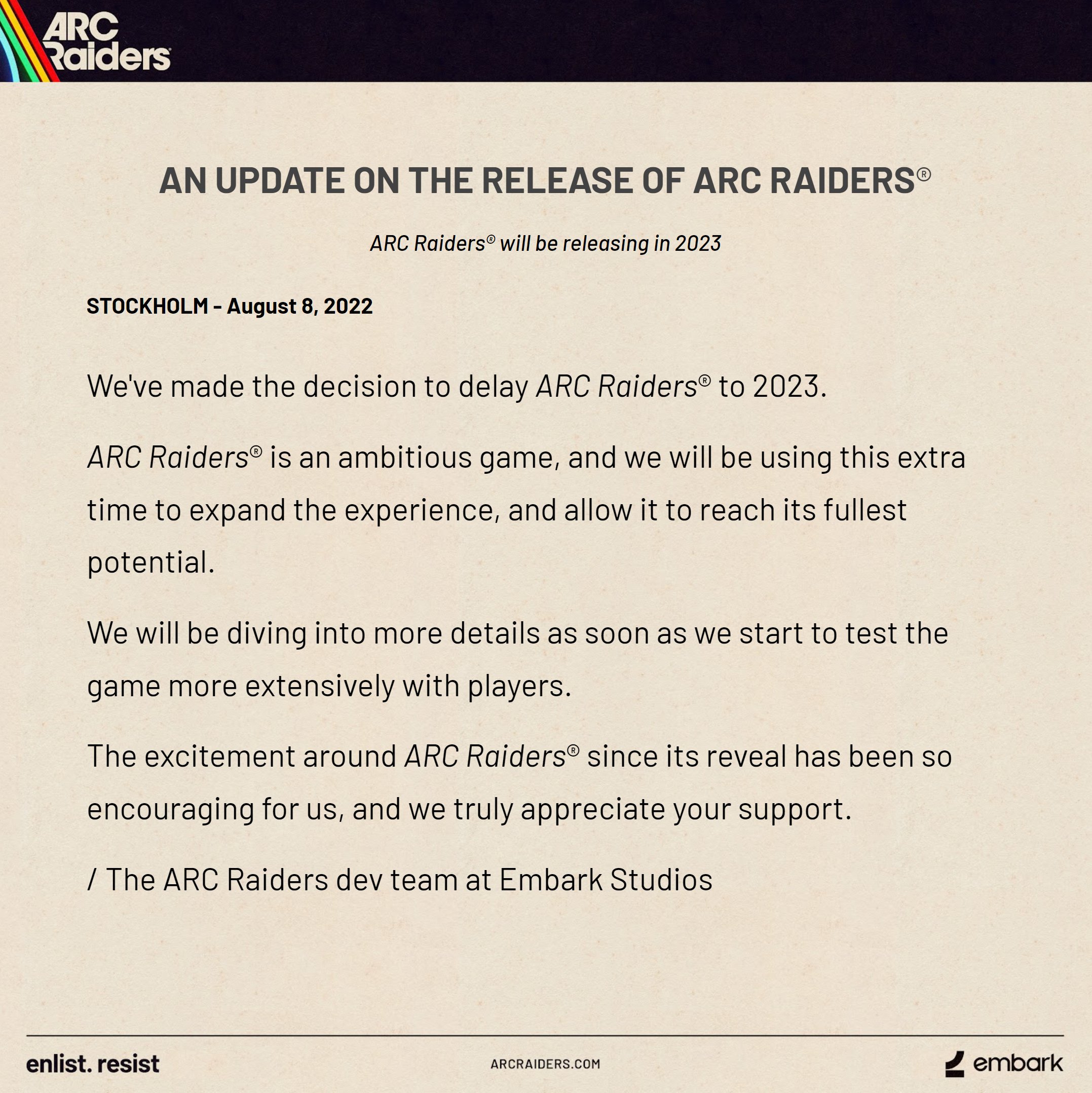 r/ArcRaiders - Arc Raiders delayed till 2023