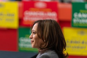 Vice President Kamala Harris participates in a roundtable discussion with public servants about student loan forgiveness, Monday, April 8, 2024, at Cramp Elementary School in Philadelphia.