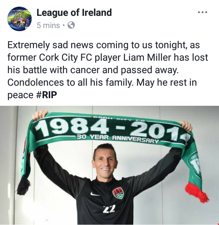 r/reddevils - Sad news. Former Red, Liam Miller has lost his battle with cancer. RIP Liam.