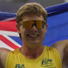 Australia’s James Turner celebrates after winning the men’s 400 m. T36 and setting a new world record during the 2024 Paralympics, Tuesday, Sept. 3, 2024, in Paris, France. (AP Photo/Thibault Camus)