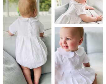 Linen Baptism peter pan collar romper outfit with optional embroidery customisation and hats, bonnets, shoes, bunnies