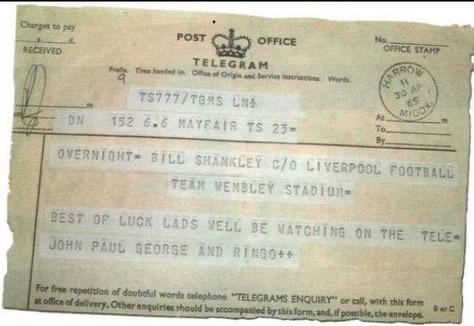 r/LiverpoolFC - Telegram to Bill Shankly from The Beatles, wishing the team luck for the 1965 FA Cup Final against Leeds United