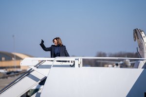 Vice President Kamala Harris waves as she boards Air Force Two at Joint Base Andrews, Maryland, Tuesday, February 20, 2024, en route to Pittsburgh.