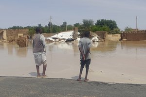 File - People look at their homes damaged by floods in Meroe, Sudan, Tuesday, Aug. 27, 2024.