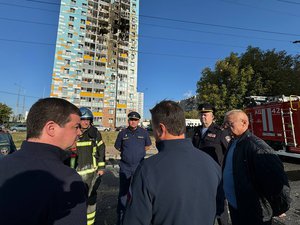 This photo released by Moscow Region Governor Andrei Vorobyev official telegram channel shows the site of the damaged multi-storey residential building following an alleged Ukrainian drone attack in Ramenskoye, outside Moscow, Moscow region, Russia, on Tuesday, Sept. 10, 2024.