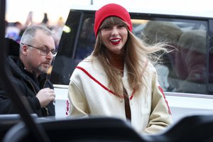 Taylor Swift arrives at Highmark Stadium to watch an NFL AFC division playoff football game between the Buffalo Bills and the Kansas City Chiefs, Sunday, Jan. 21, 2024, in Orchard Park, N.Y.