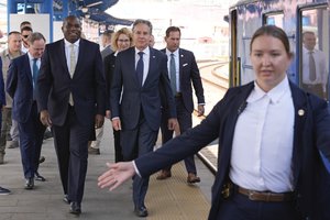 U.S. Secretary of State Antony Blinken and British Foreign Secretary David Lammy arrive at the train station in Kyiv, Ukraine, Wednesday, Sept. 11, 2024.