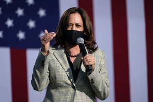 Democratic vice presidential candidate Sen. Kamala Harris, D-Calif., speaks at a drive-in campaign event Friday, Oct. 2, 2020, in Las Vegas.