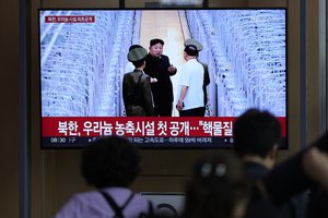 A TV screen shows an image of North Korean leader Kim Jong Un during a news program at the Seoul Railway Station in Seoul, South Korea, Friday, Sept. 13, 2024. The letters read, "North Korea, unveiling the uranium enrichment facility for the first time."