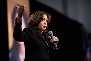 U.S. Senator Kamala Harris speaking with attendees at the 2019 National Forum on Wages and Working People hosted by the Center for the American Progress Action Fund and the SEIU at the Enclave in Las Vegas, Nevada, 27 April 2019.