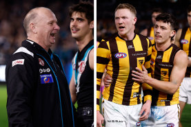 James Sicily of the Hawks reacts to Ken Hinkley, Senior Coach of the Power after the 2024 AFL Second Semi Final match between the Port Adelaide Power and the Hawthorn Hawks.