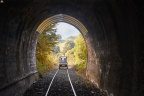 Through an old railway tunnel in a converted golf buggy with Forgotten World Adventures.