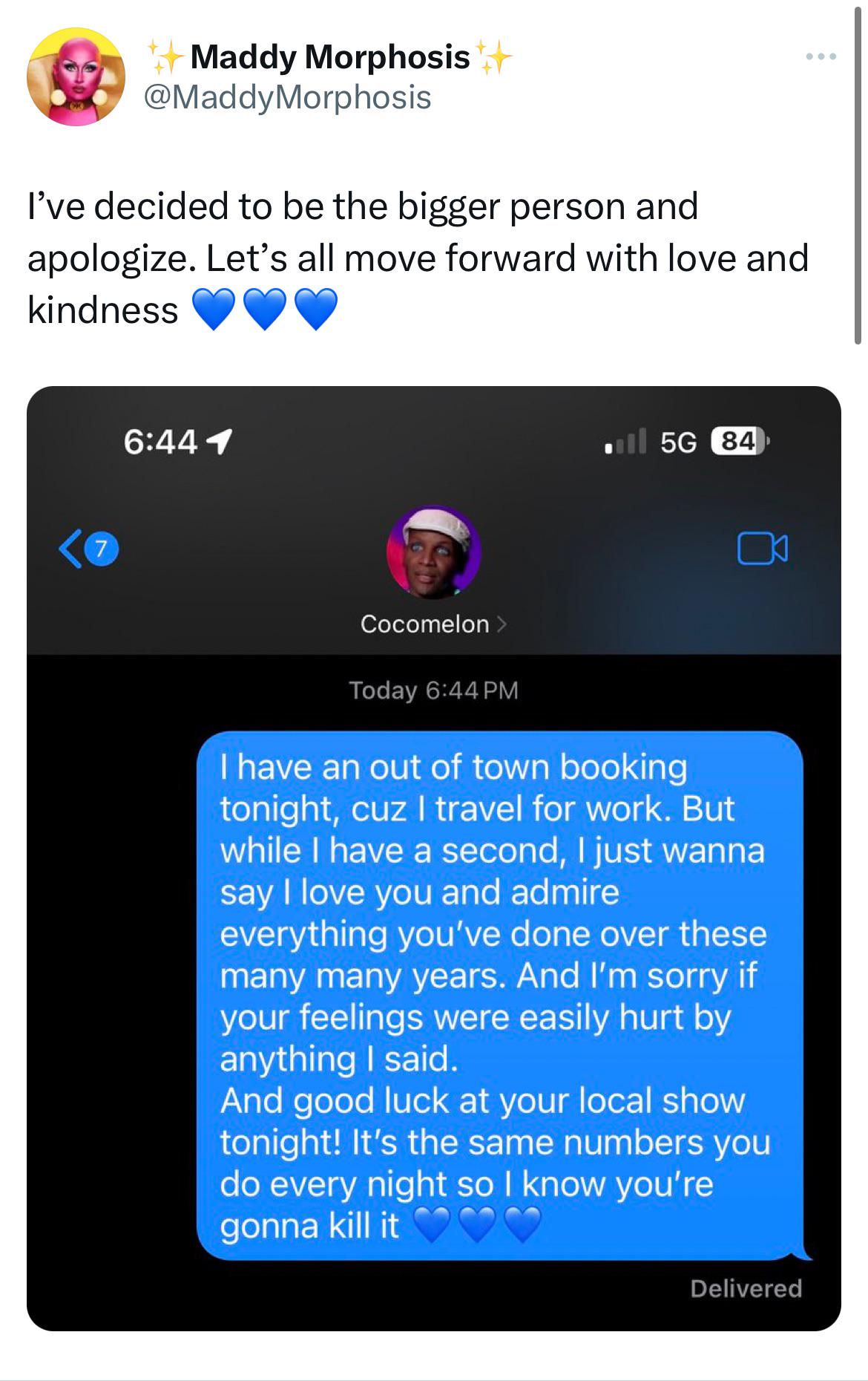 r/rupaulsdragrace - Maddy finally apologized to Coco 💙