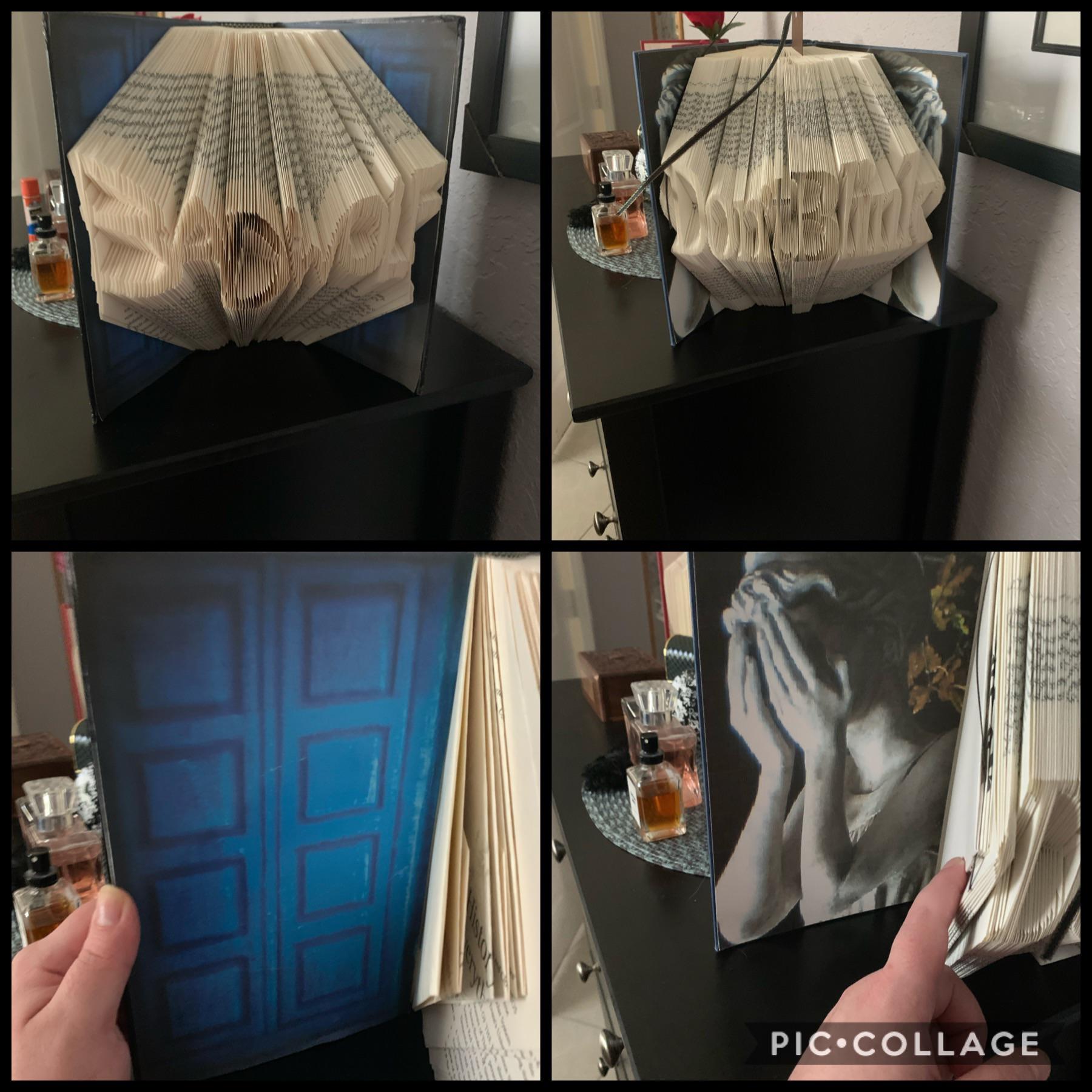 r/doctorwho - My mom makes book art by folding the pages and she made me these two Doctor Who themed books. The bottom row is the inside cover of the book directly above it.