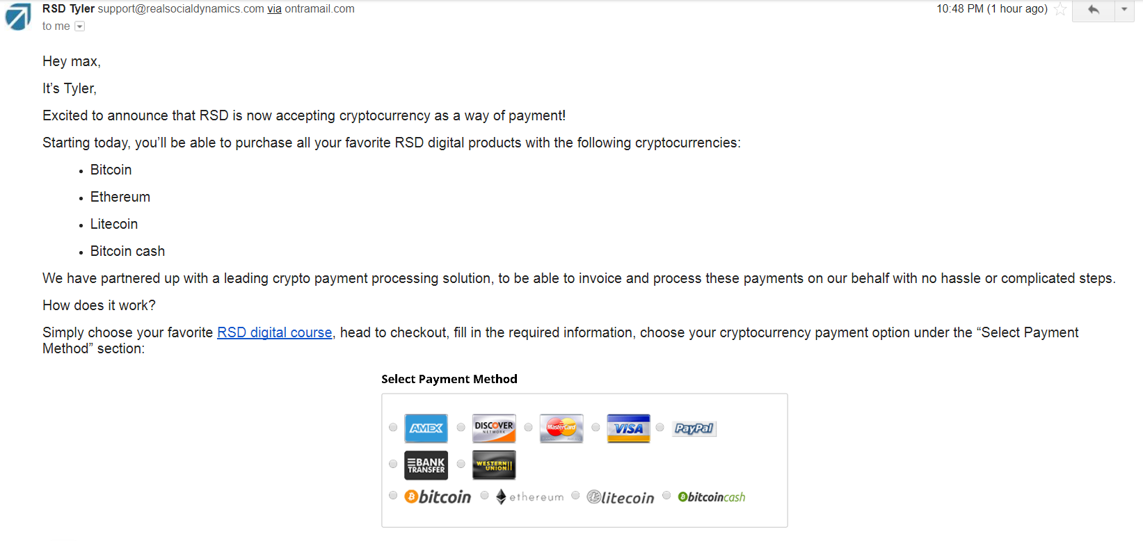 r/CryptoCurrency - Real Social Dynamics (world's biggest dating company for men) just announced that they accept crypto as a payment method (BTC, ETH, LTC, BCH)