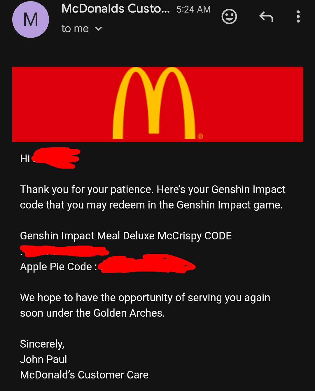 r/Genshin_Impact - McDonald's code giveaway (both codes)