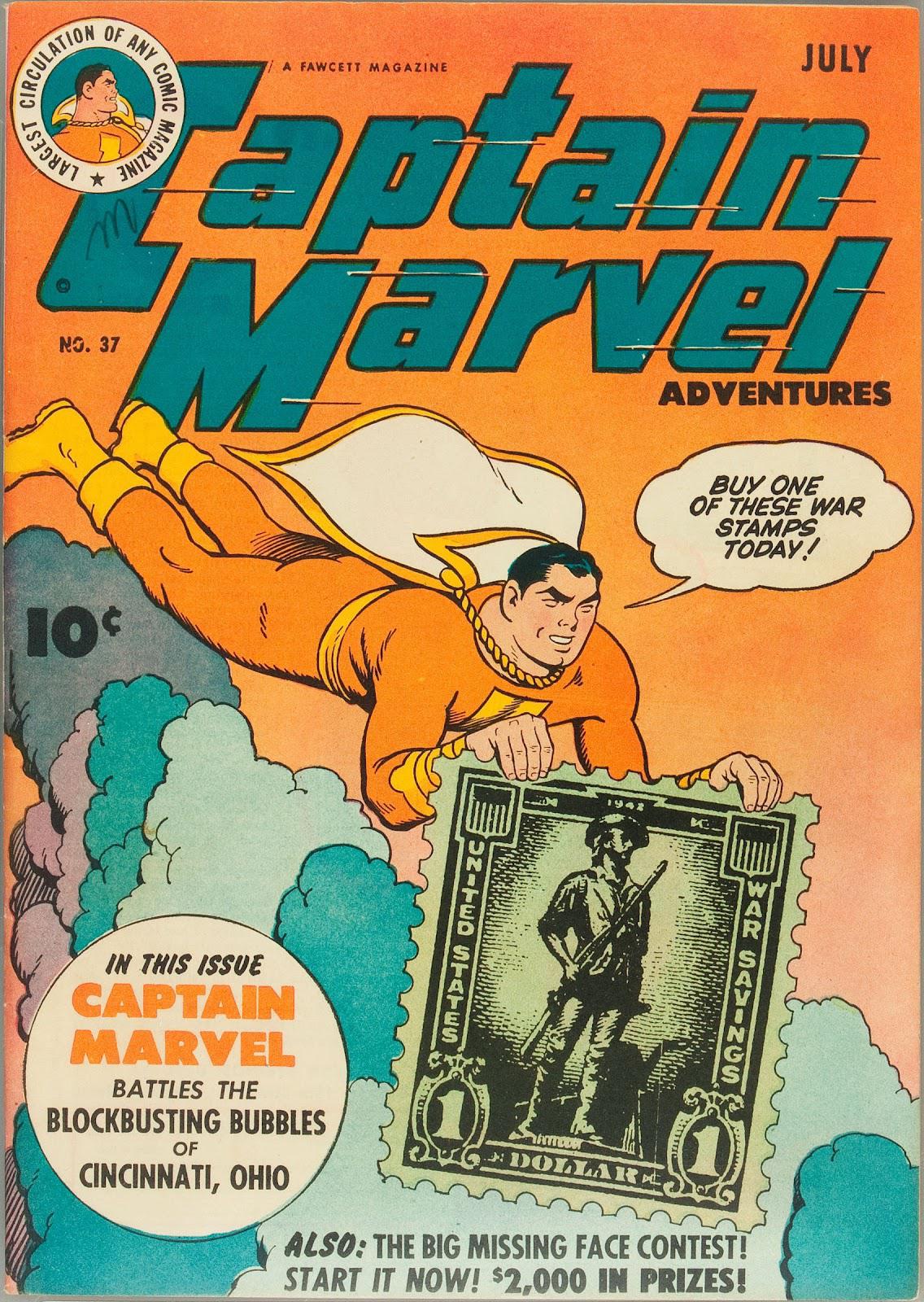 r/PropagandaPosters - Captain Marvel Adventures #37, July 1944: Captain Marvel encourages people to support the war effort by buying War Stamps