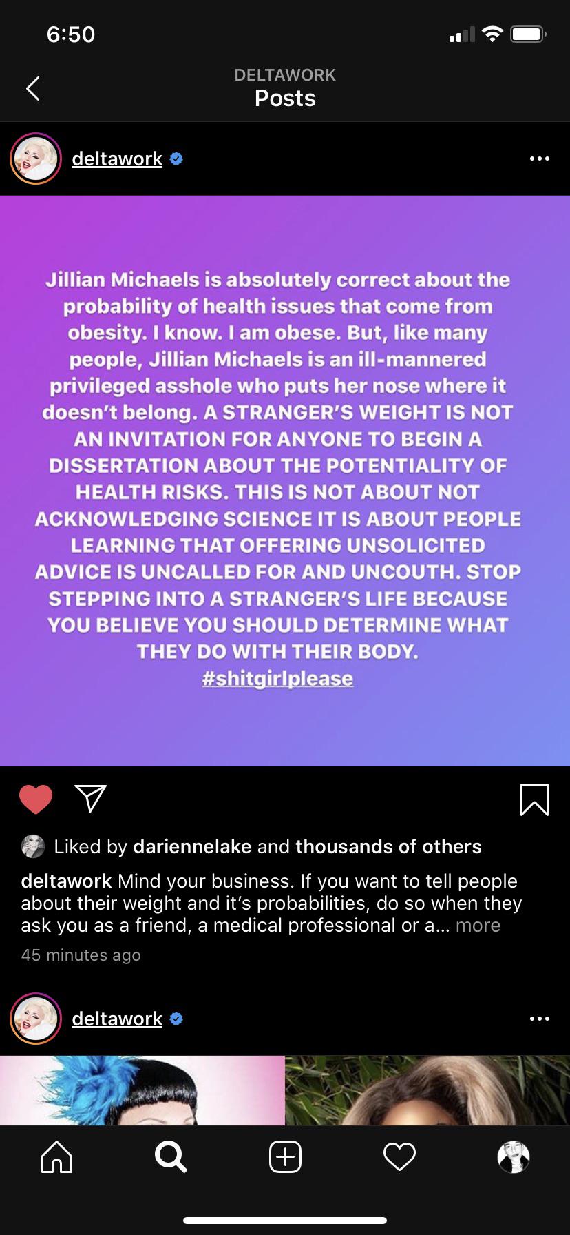 r/rupaulsdragrace - Delta Work on Jillian Michaels comments about Lizzo. Comments?