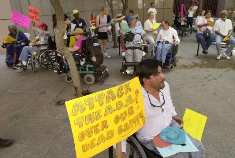 Disabled demonstrators rally in Los Angeles in June of 2000 to protest the state of California's challenge to the Americans With Disabilities Act of 1990.