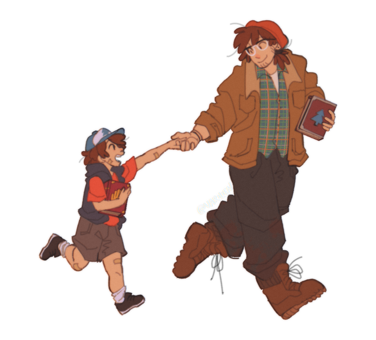 digital drawing of dipper from gravity falls. his twelve year old self trails behind his 25 year old self, talking excitedly while clutching the third journal to his chest. the older dipper is smiling gently back at him and holding his hand, listening intently. the older dipper is dressed in a brown leather coat, muddy baggy jeans, brown leather boots, a plaid green and orange button-up, white undershirt, and a dark orange beanie. his hair is a little long, and in a ponytail over his shoulder