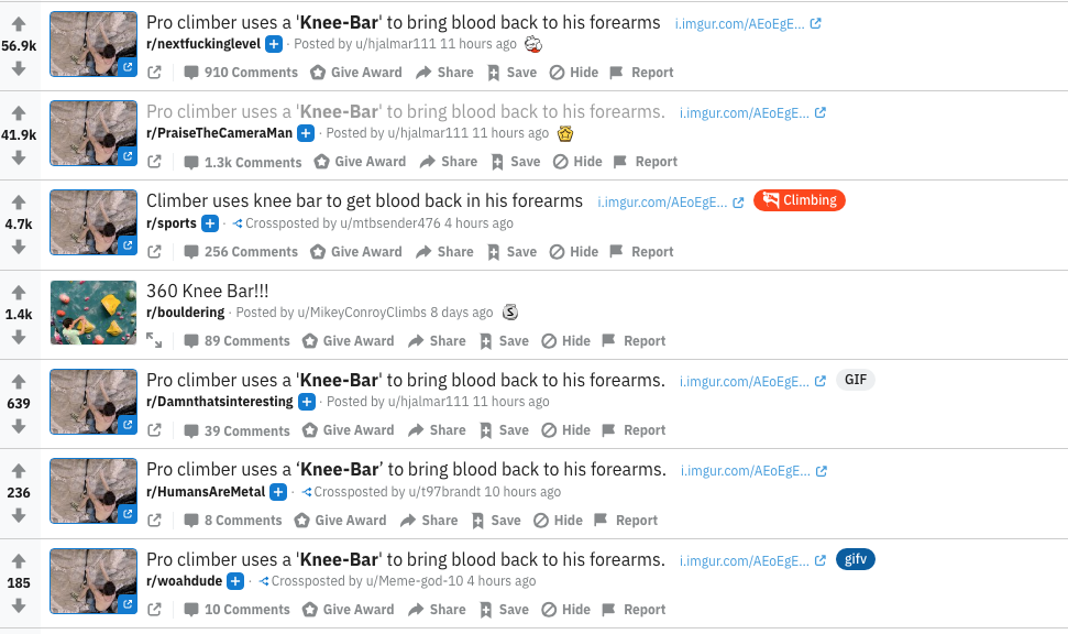 r/climbing - Climber uses a 'Knee-Bar' to wow and amaze non-climbing reddits.