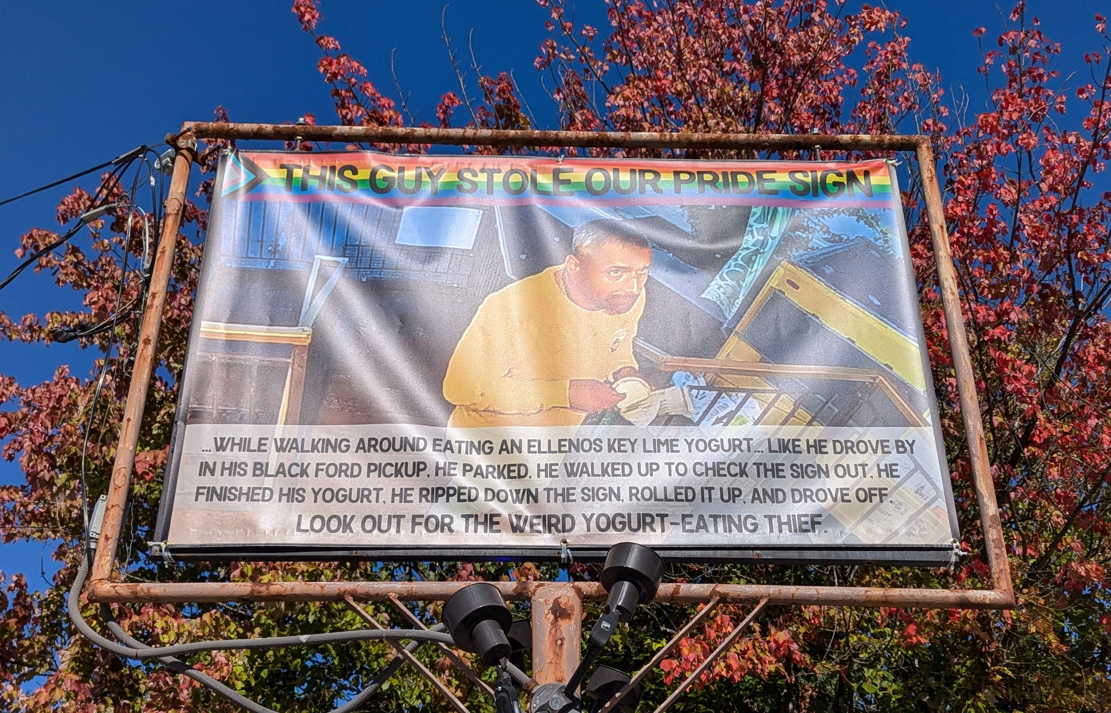 r/Seattle - This is a double-sided, professionally-printed banner. Look out for the weird yogurt-eating thief 