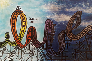 Piece of art representing a roller coaster. The roller coaster starts as colorful under a sunny sky and with happy people on it on the left, but in the right side of the drawing the sky is more somber and the roller coaster is empty, suggesting the duality of day and night.