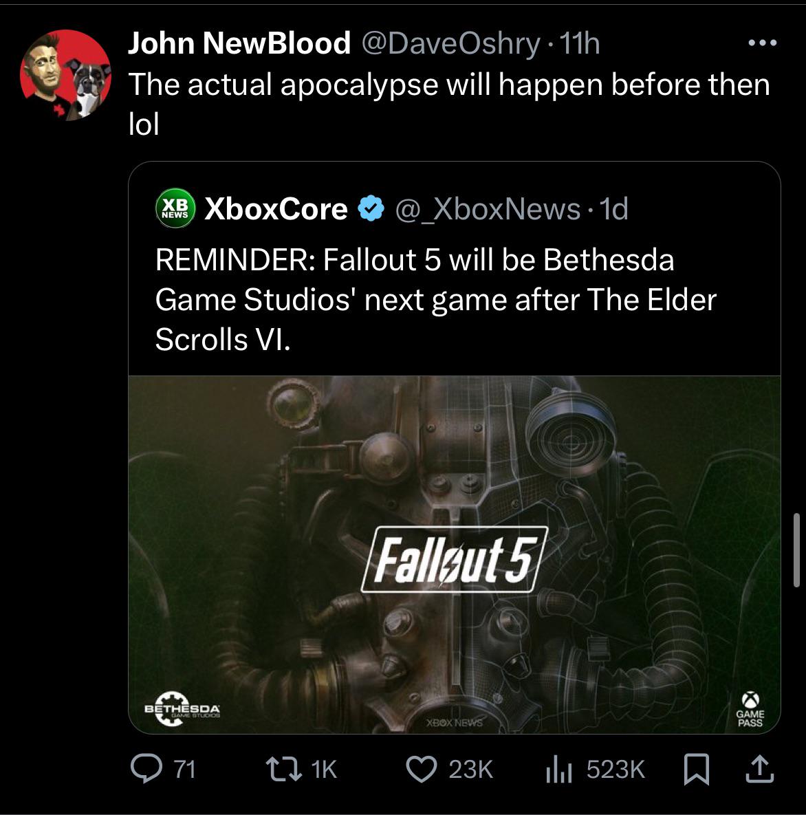 r/Fallout - Should Fallout 5 be developed alongside TES:VI by Bugthesda so the game can release sooner?