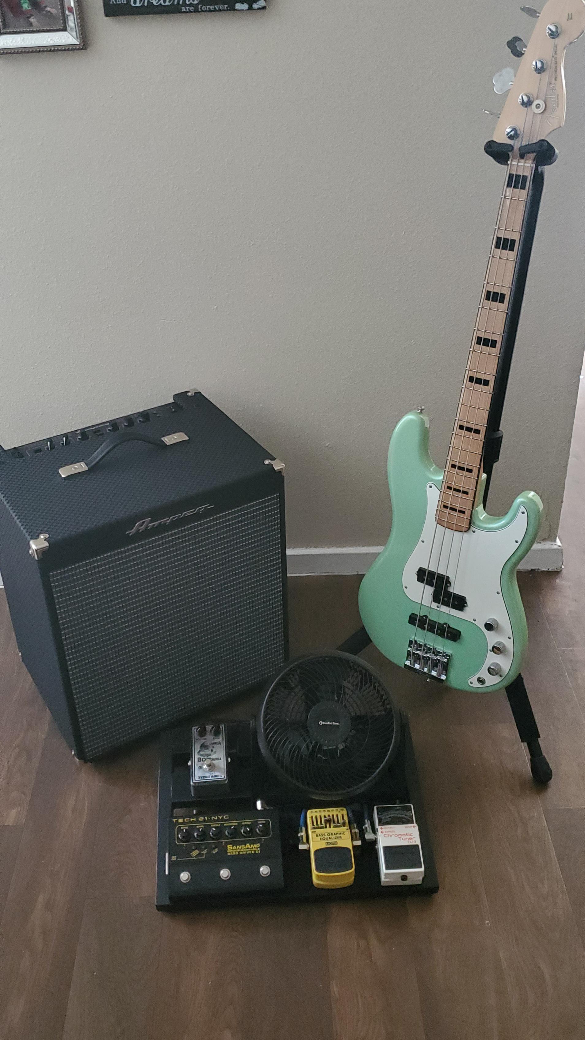 r/BassGuitar - My first gig in my new hometown tonight. Crazy excited. Fender Precision Bass Deluxe Special Edition MIM, Ampeg RB-112, Sansamp Programmable Bass Driver DI, Comfort Zone CZHV8TBKDG.