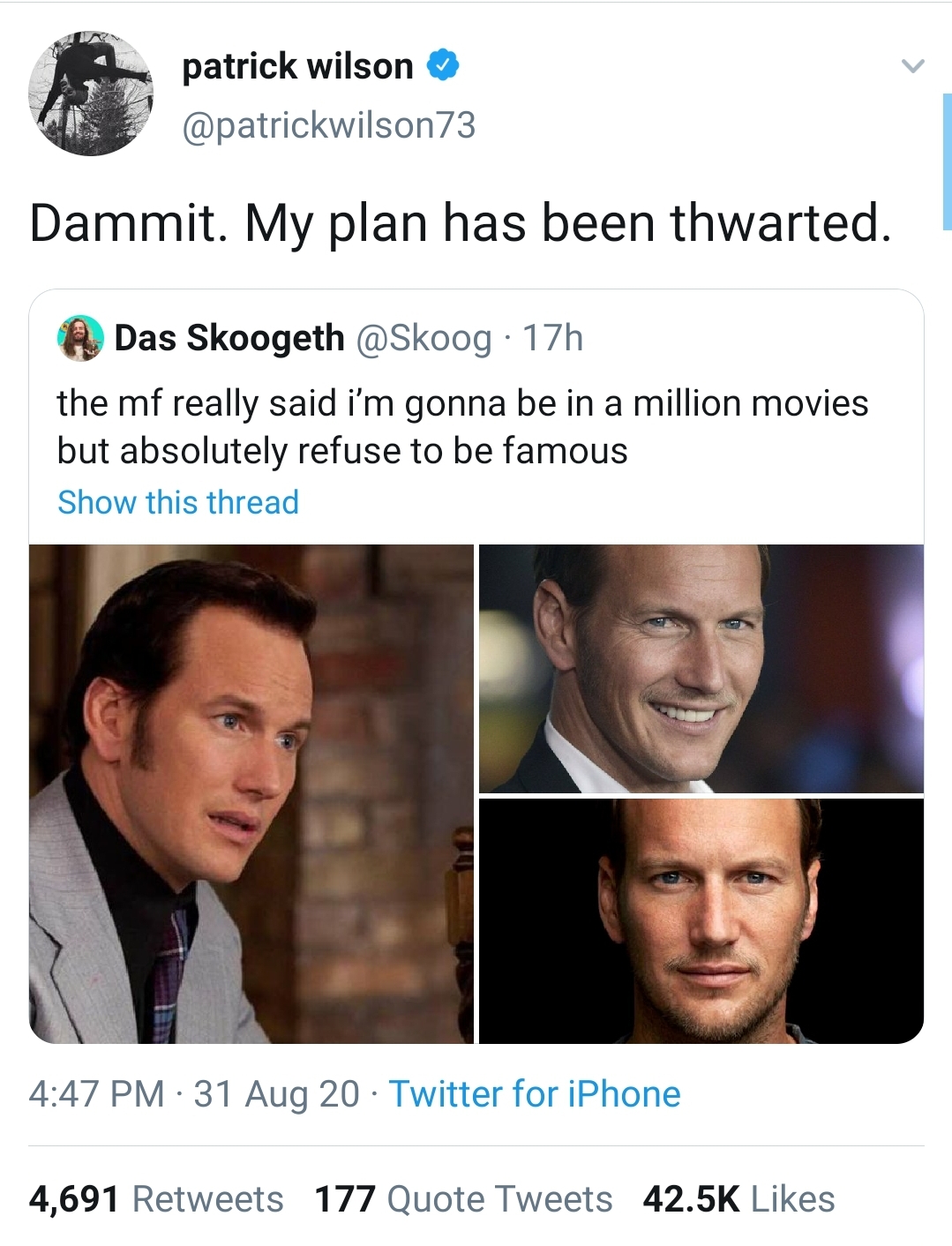 r/DC_Cinematic - APPRECIATION: Patrick Wilson aka Ocean Master is currently trending on twitter because people appreciate his talent.