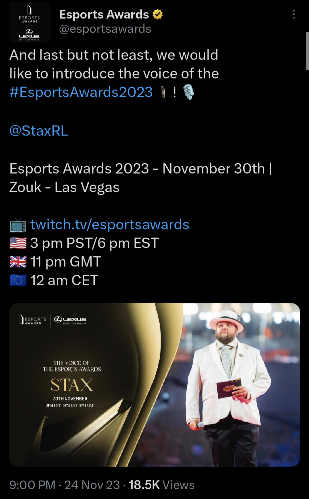 r/RocketLeagueEsports - Stax introduced as the voice of the 2023 Esports Awards