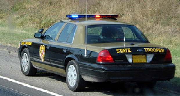 A Maryland State Police vehicle rests on a highway shoulder. (File photo)