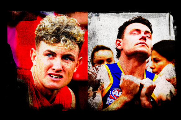 The pain of losing a grand final: Sydney’s Chad Warner in 2022 and the Brisbane Lions’ Lachie Neale in 2023.