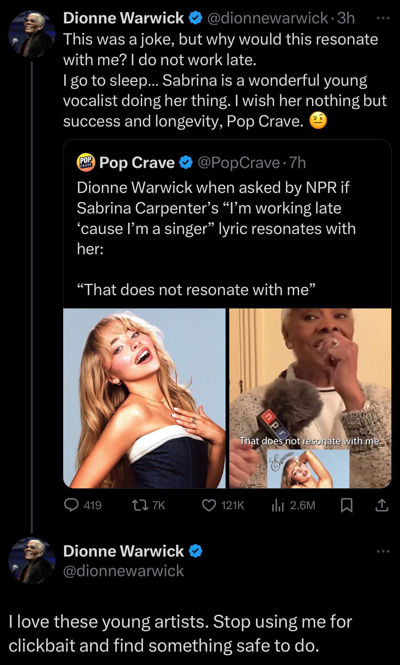 r/popculturechat - Dionne Warwick responds to Pop Crave post about a joke she made in relation to a lyric from Sabrina Carpenter’s ‘Espresso’ 