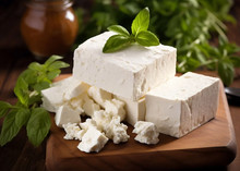 Feta cheese chunks garnished with basil leaves on a wooden board, with a red sauce jar in the background