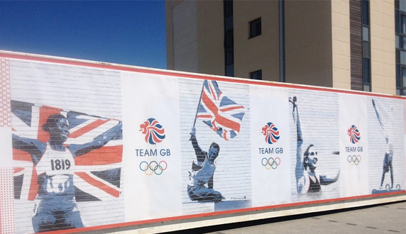 The Olympic Wall around Portland House the Home of the British Sailing Team in Weymouth