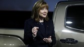 Mary Barra, incoming CEO of General Motors Co., reveals the 2015 GMC Canyon pickup truck in an industrial building in advance of the media preview of the North American International Auto Show in Detroit, Michigan January 12, 2014. REUTERS/Rebecca Cook (UNITED STATES - Tags: TRANSPORT BUSINESS) - RTX17B2B