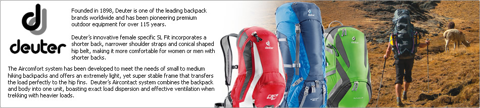 Deuter excels in outdoors equipment: rucksacks, down and synthetic sleeping bags for adults and children, Kid Comfort child carriers, travel luggage, accessories such as wash bags, organizer bags and pouches, laptop bags, security bags/pouches, travel belts and pouches, sunglass pouches, phone pouches, first aid bags, gaiters, climbing bags, bivouac sacks, backpack covers, hydration bladders and hydration accessories. The Deuter backpack range includes hiking backpacks, trekking backpacks, alpine rucksacks, bike backpacks, protection backpacks, women's backpacks, children's backpacks and daypacks via the Futura, AC Lite, ACT Trail, AirContact, Speed Lite, Guide, Freerider, Attack, Cross Air and AirComfort series. Deuter backpacks utilise advanced technology to ensure their packs are durable, balanced, comfortable, allow the wearer's back to be well ventilated and they are fitted with all the appropriate storage options and attachment points relevant to the purpose of the particular backpack model. Deuter sleeping bags feature the same attention to quality with such design details as hood, warmth collar, insulated zip baffle, foot warmer and dry zones at either end to guard against condensation from a tent wall. The Deuter Kid Comfort child carrier range leads the way in safety and in comfort for child and adult alike. As an industry leader in manufacturing rucksacks and associated products for over 100 years, Deuter are constantly introducing innovations to meet the ever-increasing needs of the growing numbers of outdoor enthusiasts, travellers and people who naturally want to carry their belongings and their young children outdoors and back home safe and dry.