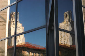 Tower reflected in the windows of the Graduate School of Business Building