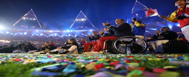 Paralympians enjoy the atmosphere during the closing ceremony of the London 2012 Paralympic Games at Olympic Stadium.