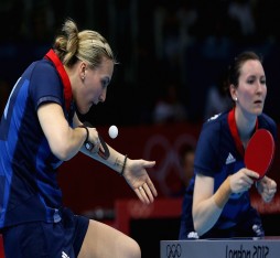 Kelly Sibley and Joanna Parker of Great Britain complete during Women's Team Table Tennis first round match against team of DPR Korea on Day 7 of the London 2012 Olympic Games at ExCeL.