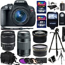 Canon EOS Rebel T5i 18.0 MP Digital SLR Camera with 18-55mm STM Lens + Canon EF 75-300mm f/4-5.6 III Lens + PLR Studio Series .43x High Definition Wide Angle Lens With Macro Attachment + PLR Studio Series 2.2X High Definition Telephoto Lens Travel Kit + 40 GB Storage + Tripod + Extra Accessories