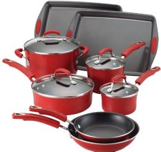 Rachael Ray Porcelain Enamel II Nonstick 12-Piece Cookware Set, Red Gradient