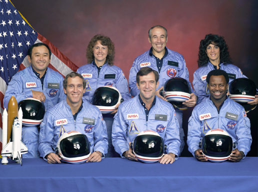 Today we remember the crew of the Challenger, which broke apart seconds after launch in 1986. Christa McAuliffe was one of the two women on board the space shuttle. She would have been the first civilian woman in space. 
This photo from NASA shows the crew of the Challenger. Front row from left, Mike Smith, Dick Scobee, Ron McNair. Back row from left, Ellison Onizuka, Christa McAuliffe, Greg Jarvis, Judith Resnik.