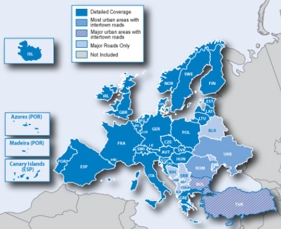 Pokrytí mapy CityNavigator Europe verze 2011.10