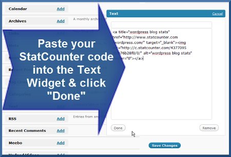 wordpress.com - Paste StatCounter Code into Text Widget