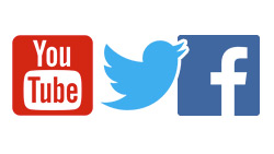 Logos from social media sites: YouTube, Facebook, and Twitter.