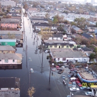 Bird&#039;s-eye view of a flooded New Orleans&#039; neighborhood