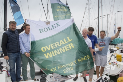 Gery Trentesaux and his JPK 10.80, Courrier Du Leon, the Overall Winner of the Rolex Fastnet Race 2015. Photo: Rolex/Kurt Arrigo